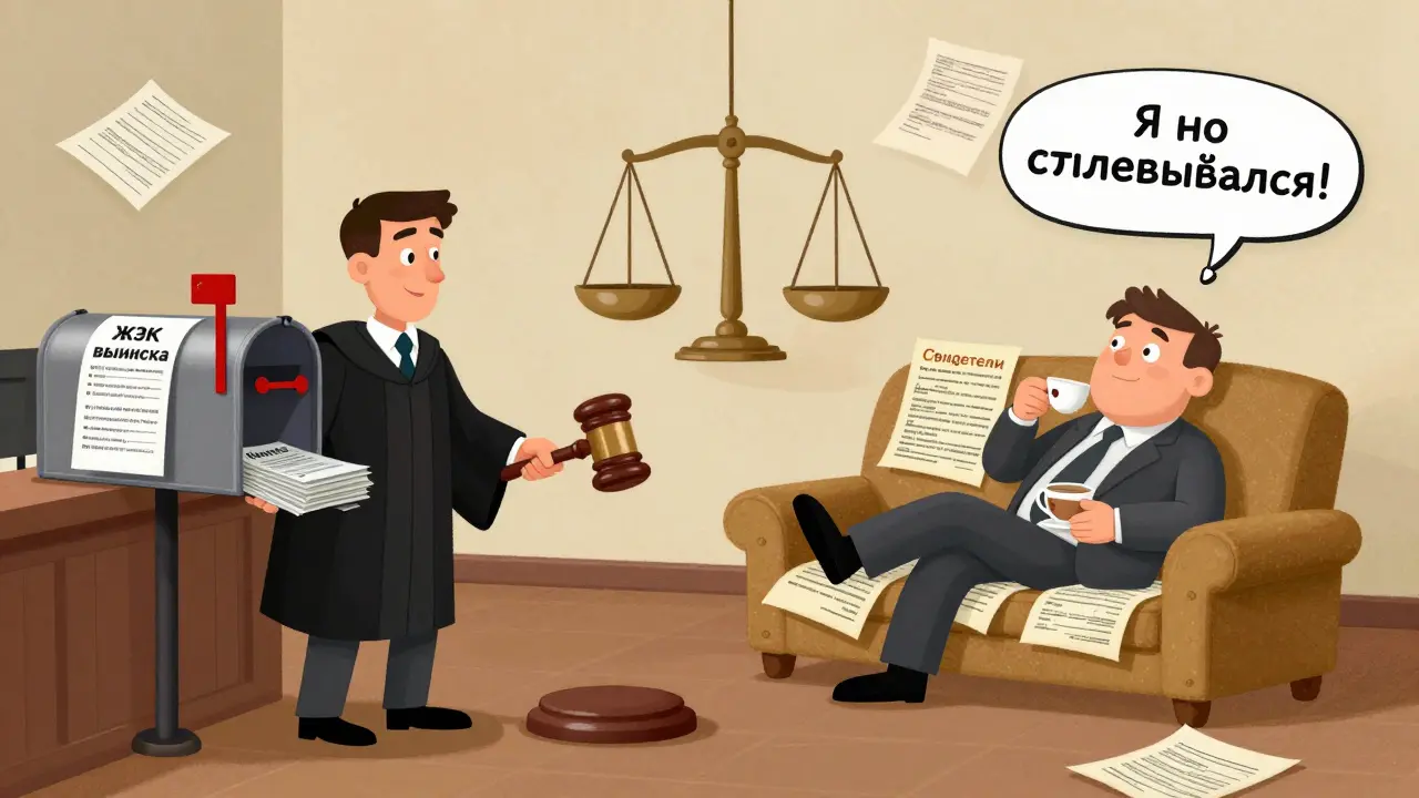 Судья в почтовом ящике выносит решение против человека, который спокойно пьёт чай в квартире.