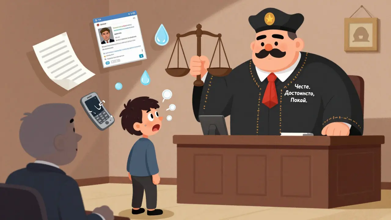 Судебное заседание с комичными персонажами, где человек представляет доказательства морального вреда.