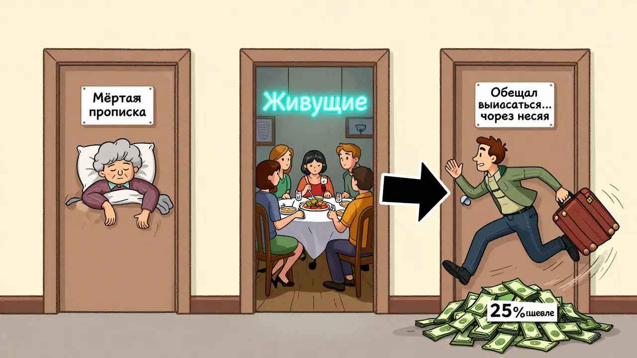Три двери: одна с мёртвой пропиской, одна с живущими, одна с бегущим обещающим — стрелка указывает на скидку 25%.