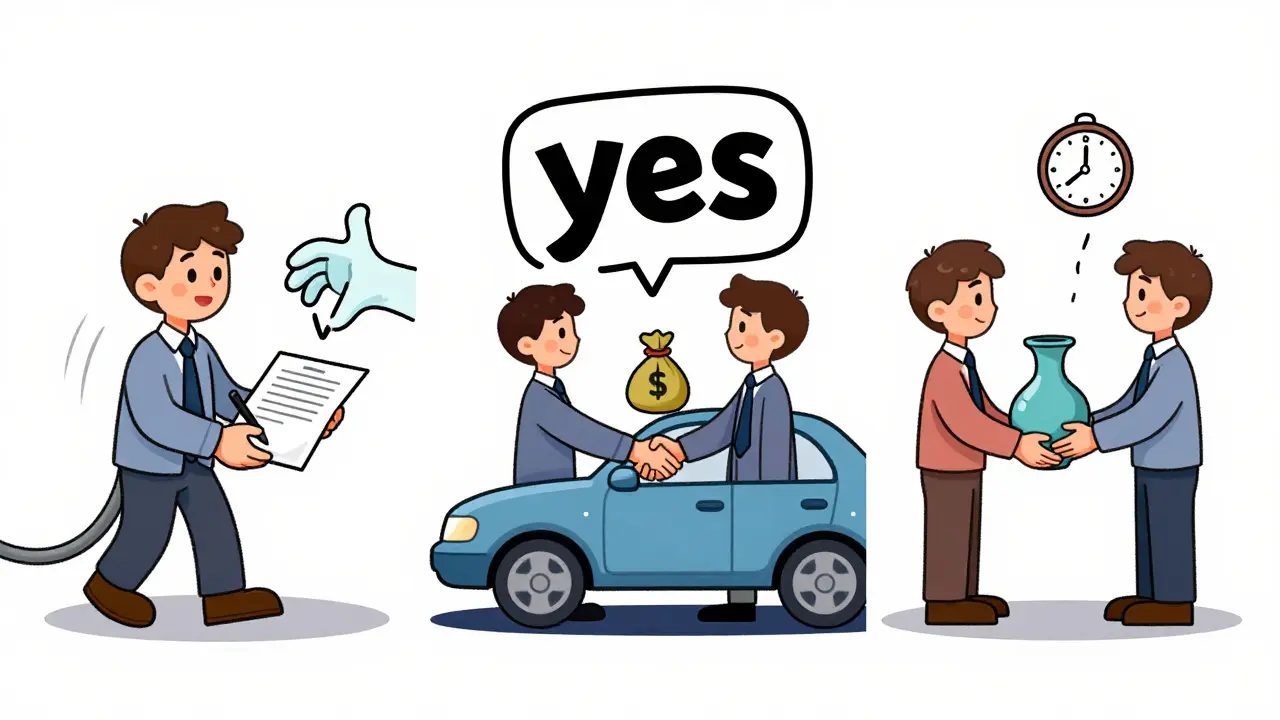 Три сцены сделок: завещание, договор купли-продажи и реальная сделка, изображённые в мультяшном стиле.