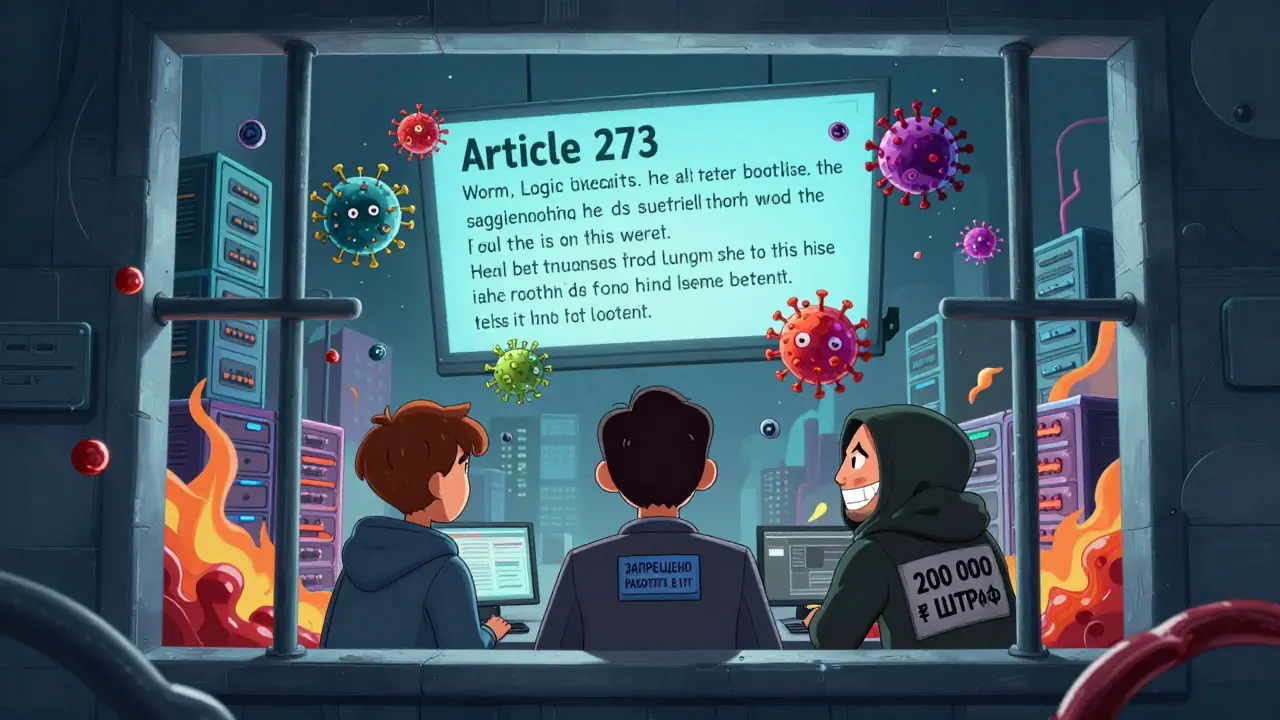 Трое осуждённых в тюремной камере, за окном — плавающая статья 273 в виде огромного рекламного щита.