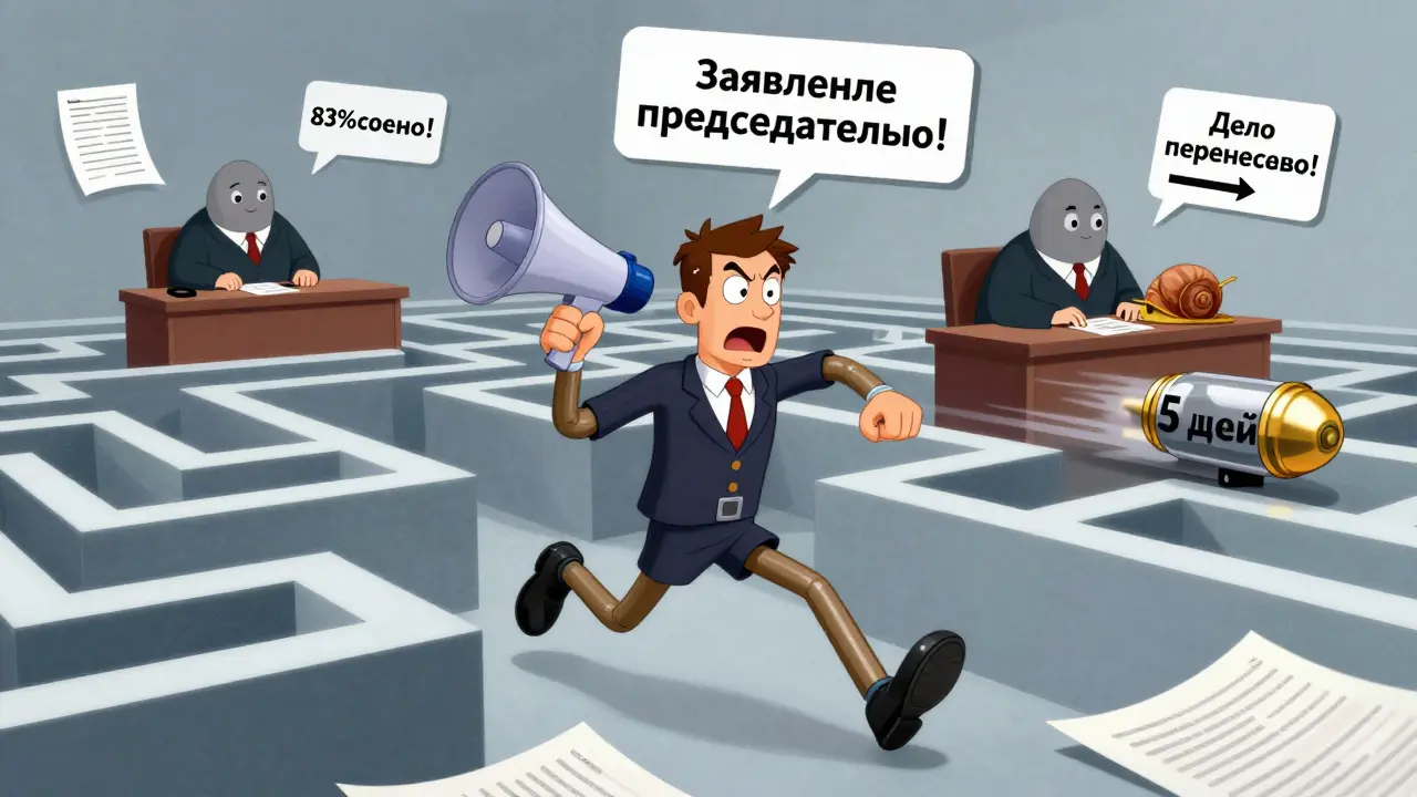 Юрист бежит через лабиринт бумаг, обгоняя медленного судью, надпись '5 дней' и '83% ускорено'.