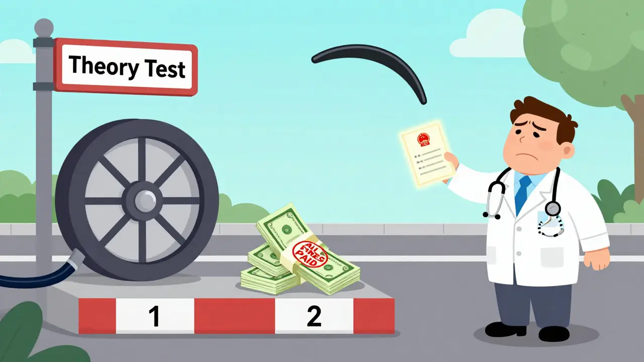 Водитель проходит три этапа возврата прав: экзамен, оплата штрафов и медицинская комиссия.