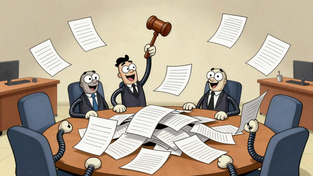 Заседание совета директоров с документами и молотком судьи