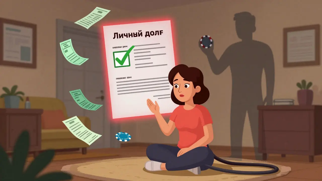 Женщина с документами о расходах на семью, бывший муж исчезает с казино-жетоном, долг помечен как личный.