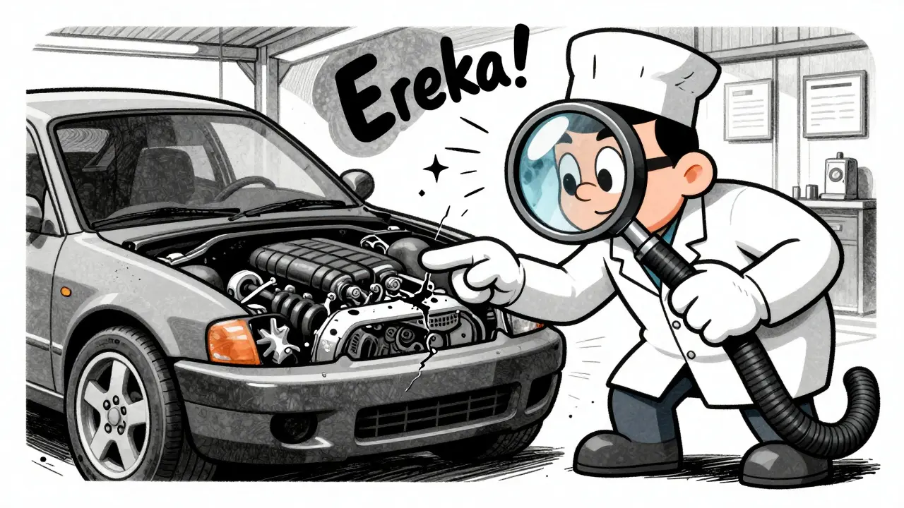 Эксперт с огромной лупой находит скрытые повреждения в двигателе автомобиля