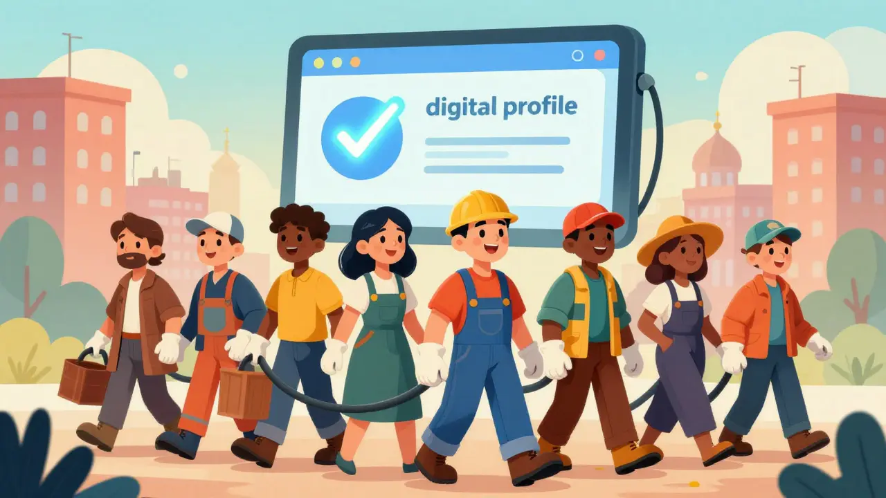 Группа улыбающихся иностранных рабочих под символом цифрового профиля