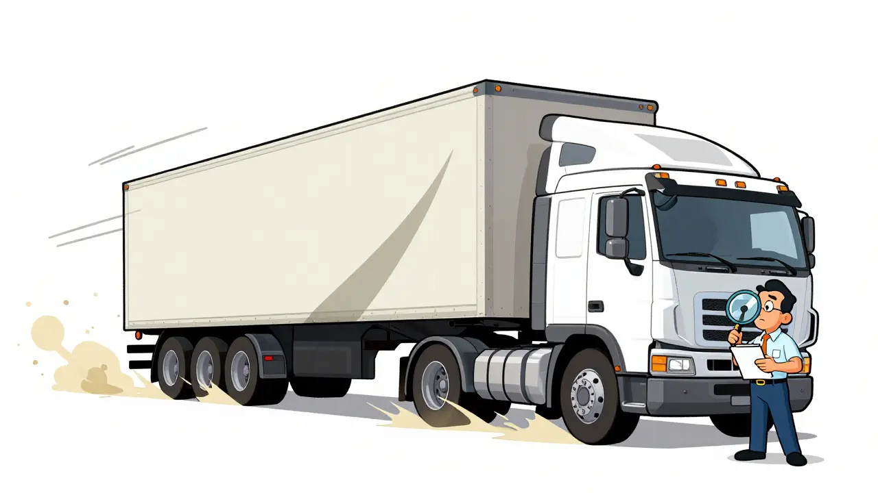 Грузовик с занесенным прицепом и маленький следователь с лупой