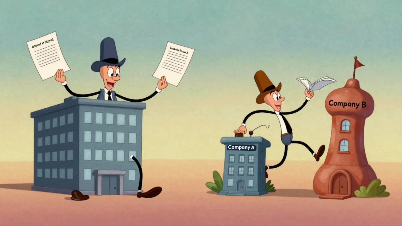 Иллюстрация разницы между внутренним и внешним совместительством в стиле rubber hose.