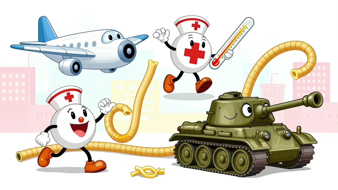Коллаж из оживших самолета, медицинского креста и танка в стиле анимации 30-х годов