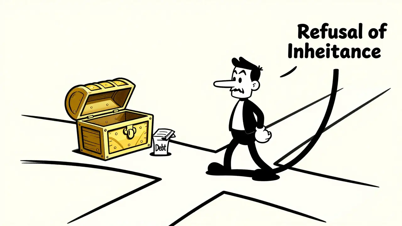 Мультяшный персонаж на развилке между принятием наследства с долгами и полным отказом