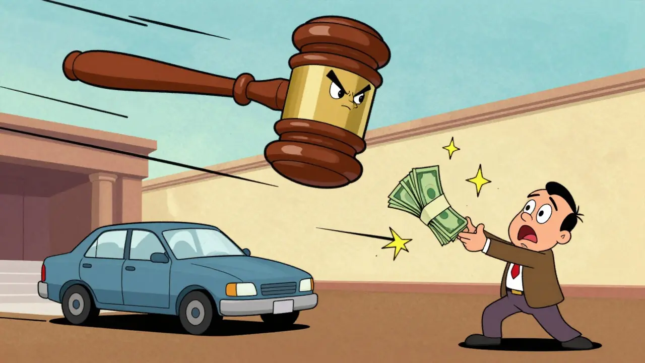 Огромный молоток судьи возвращает имущество законному владельцу в стиле анимации 30-х годов.