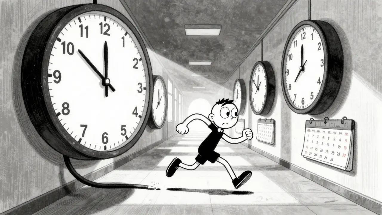 Оживший персонаж спешит с бумагами перед гигантскими часами на стене.