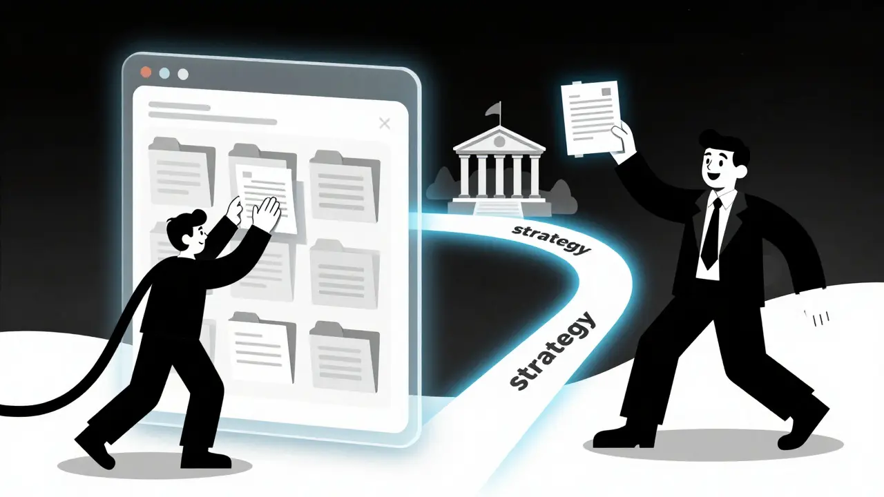 Передача документов через цифровой портал юристу в стиле анимации 30-х годов