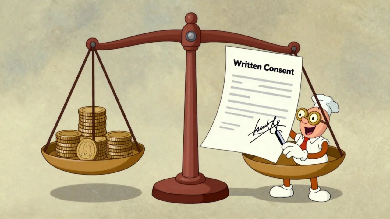 Персонаж-бухгалтер подписывает согласие на удержание средств на гигантских весах