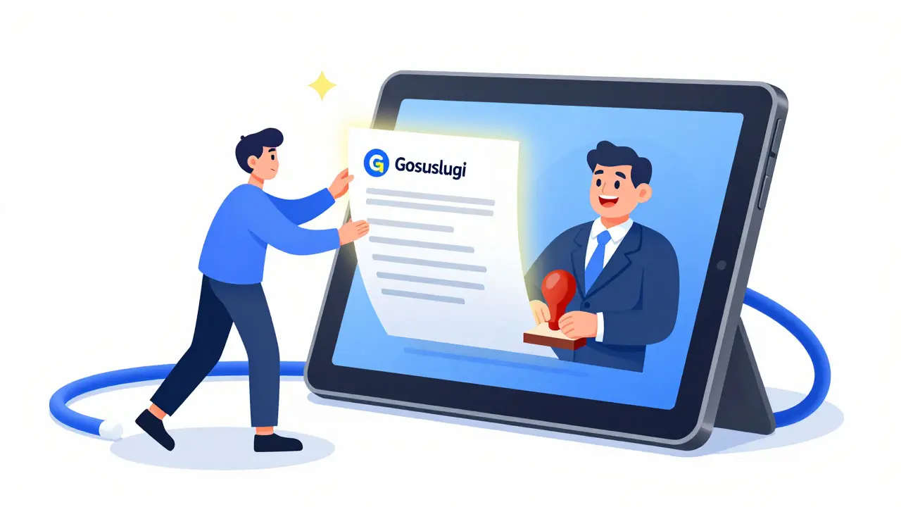 Персонаж подает электронное заявление на лицензию через планшет в стиле резинового шланга