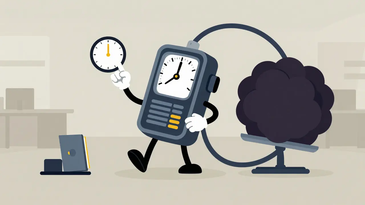 Персонаж-тахограф и весы, символизирующие перегруз автомобиля