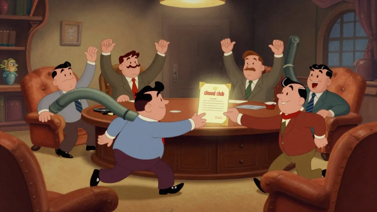 Персонажи-акционеры в стиле rubber hose блокируют доступ постороннему в закрытый клуб