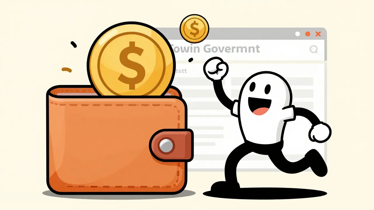 Радостный персонаж в стиле ретро-мультфильма получает денежную выплату