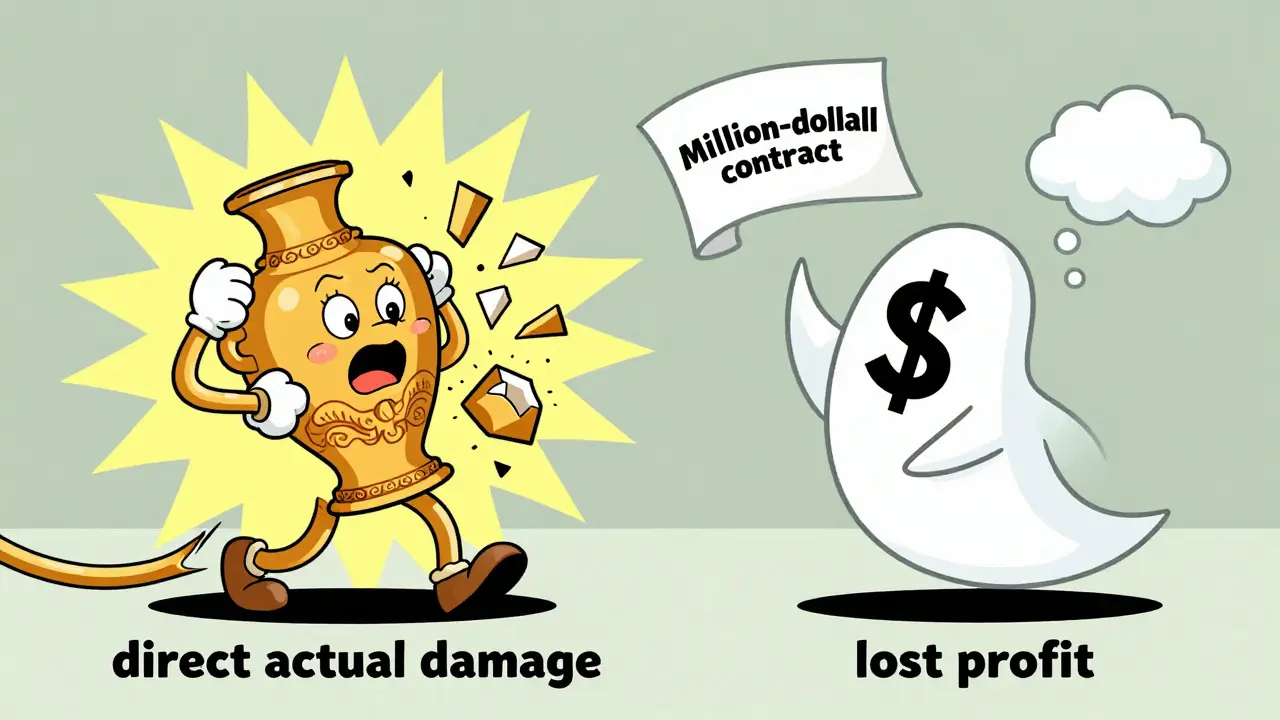 Разбитая ваза и улетающий контракт, иллюстрирующие разницу между прямым ущербом и упущенной выгодой