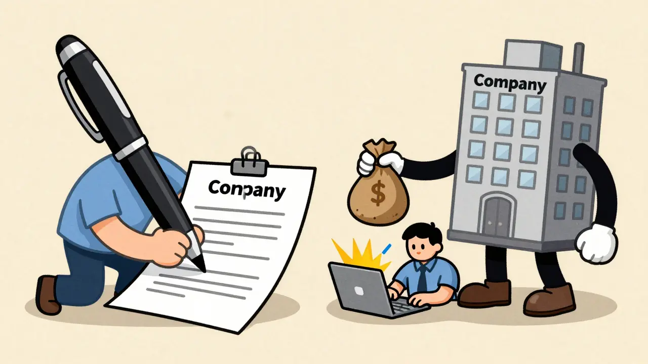 Разделенная сцена: подписание договора ответственности и компенсация ущерба сотруднику от компании