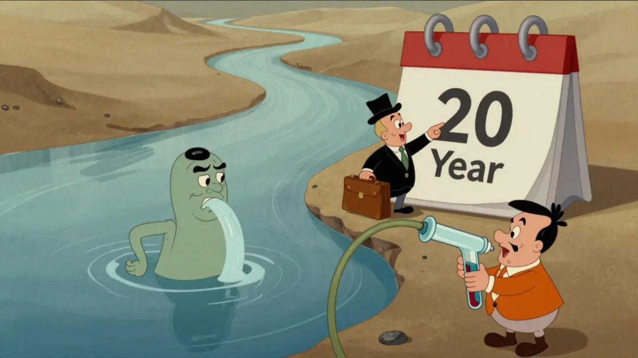 Разгневанная река и юрист с календарем на 20 лет в стиле старой американской анимации.