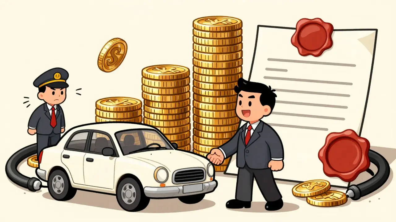 Счастливый владелец авто и эксперт на фоне стопки монет и юридического документа