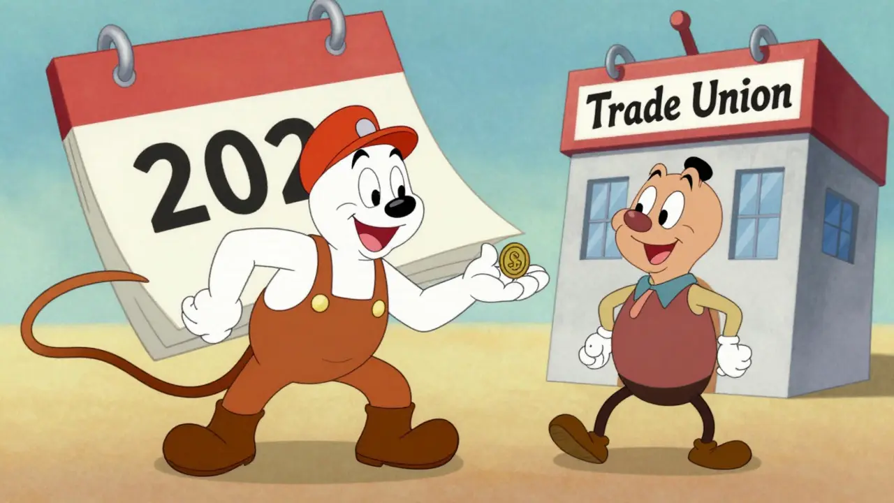 Сотрудник вносит профсоюзный взнос на фоне календаря 2026 года в стиле ретро-мультфильма
