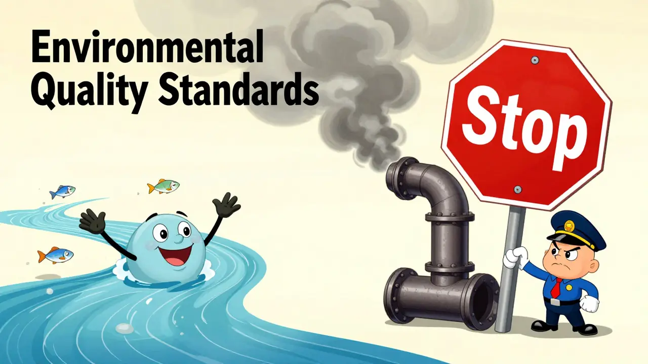 Сравнение чистой реки и промышленной трубы с запрещающим знаком в стиле ретро-мультфильма