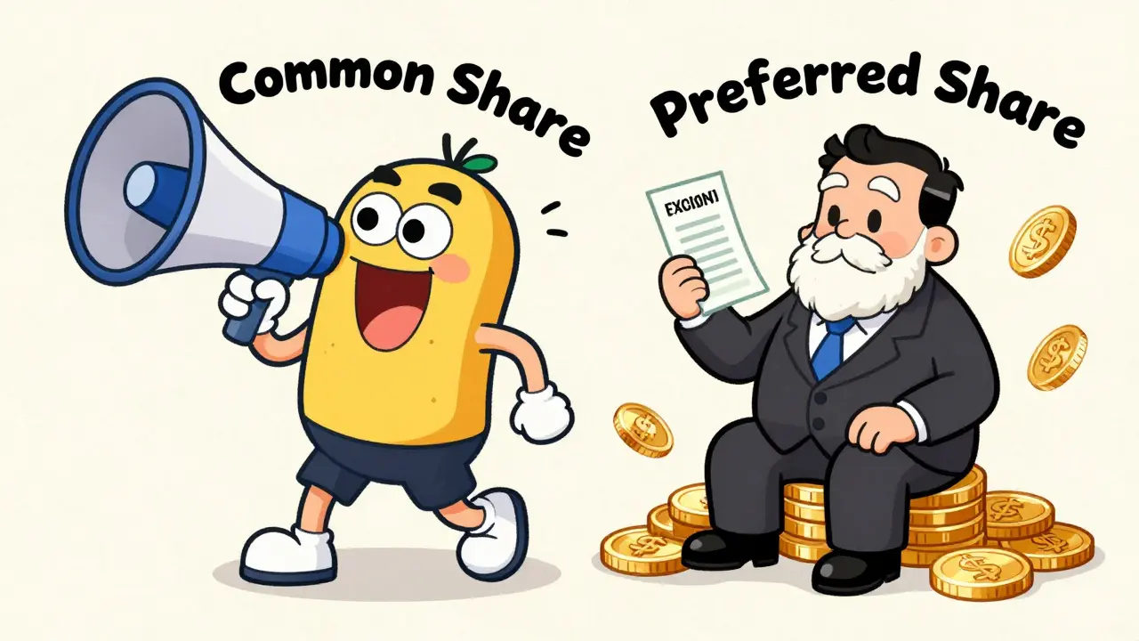 Сравнение обыкновенной акции с рупором и привилегированной акции с чеком в стиле ретро-мультфильма