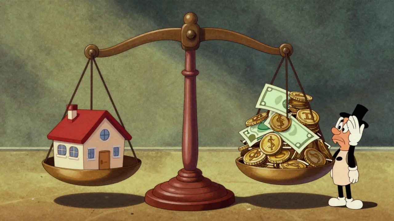 Стилизованные весы, где на одной чаше дом, а на другой — огромная гора долгов и монет