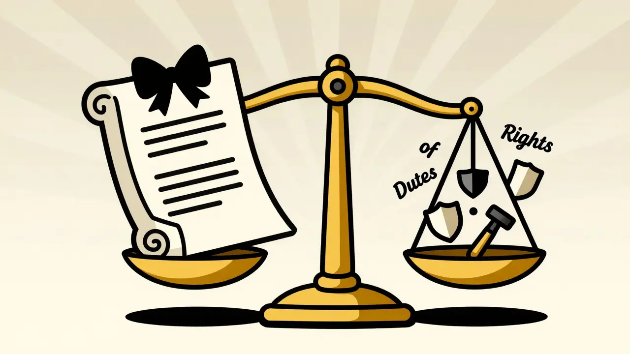 Стилизованные весы, уравновешивающие документ и символы прав и обязанностей