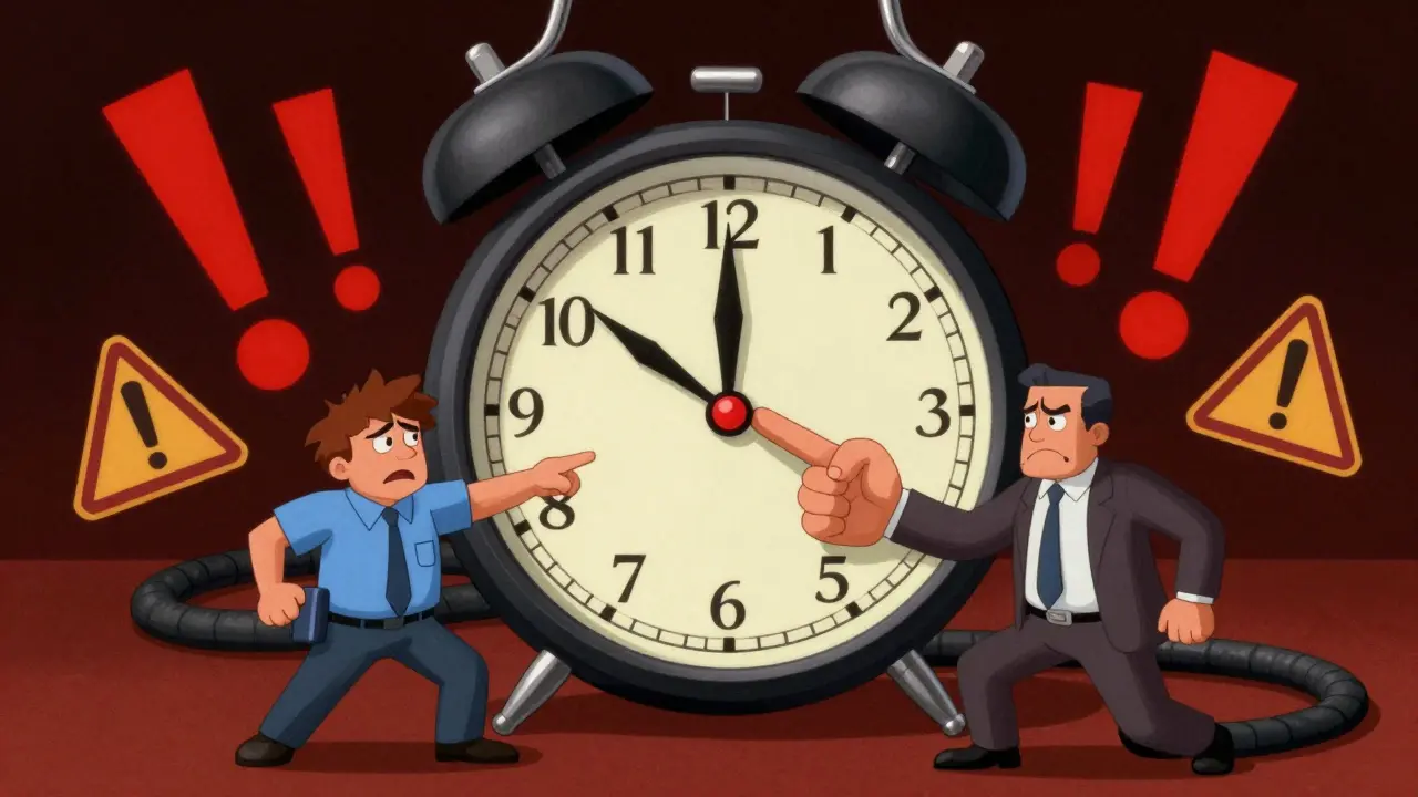 Тревожный работник и начальник рядом с огромными часами, символизирующими дедлайн оплаты