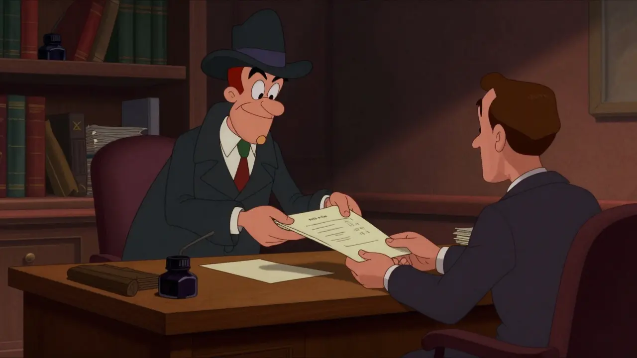 Юрист в ретро стиле отдает файлы документов в суд первой инстанции.