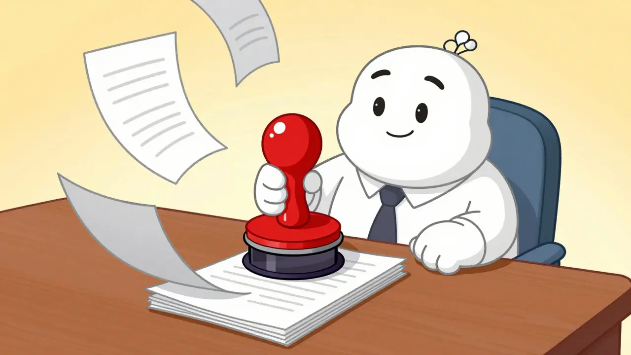 Веселый нотариус в стиле rubber hose ставит большой красный штамп на бумаги