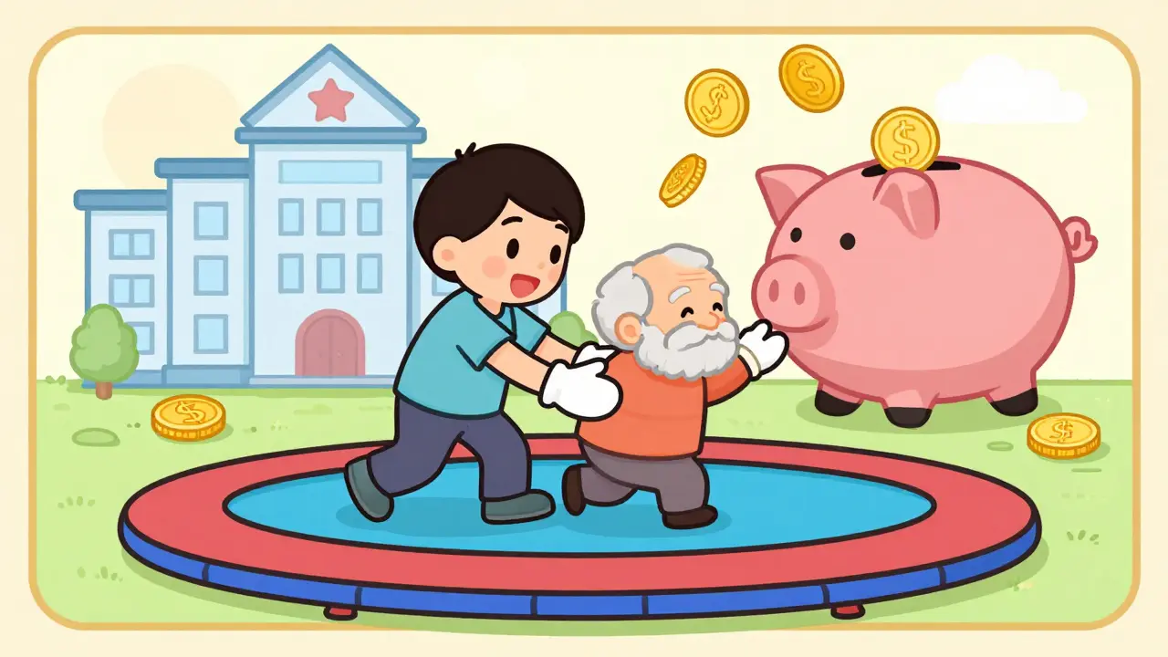 Взрослый помогает пожилому родителю в спортзале, стиль резинового шланга