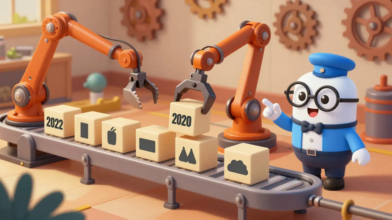 Конвейер с коробками лет и робот, берущий старую коробку первой