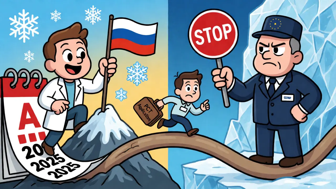 Карикатурное сравнение льготного периода в России и строгих правил Европы для патентования.