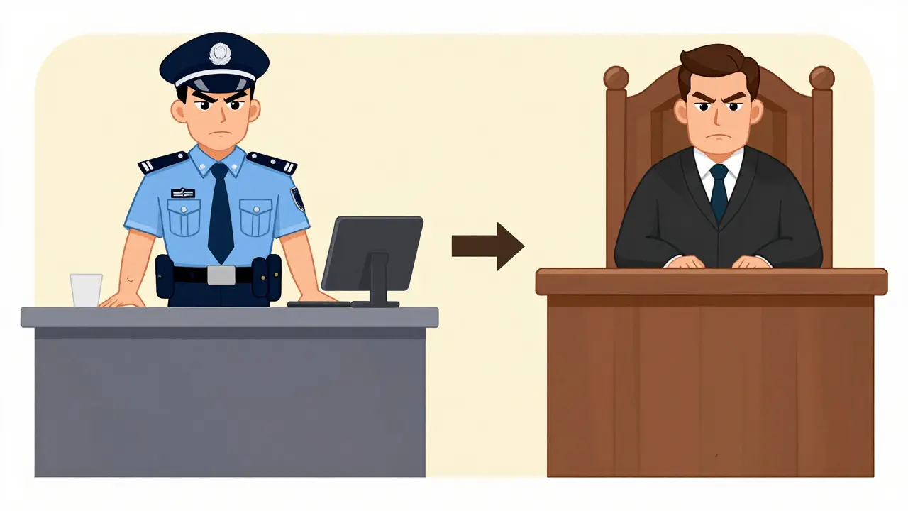 Выбор между ГИБДД и судом в карикатурном стиле
