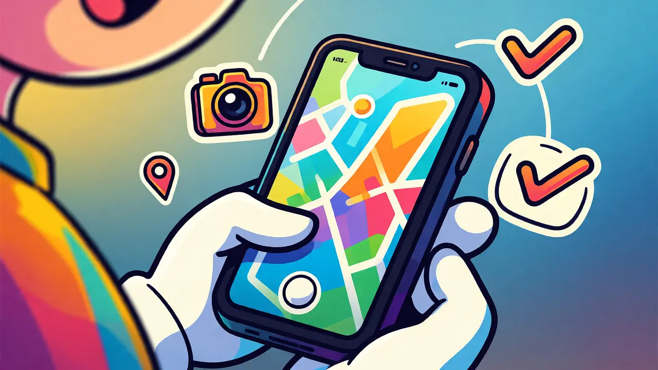 Руки персонажа держат смартфон с интерфейсом приложения для фотофиксации