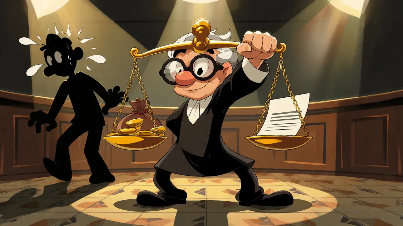 Судья со весами против испуганного продавца